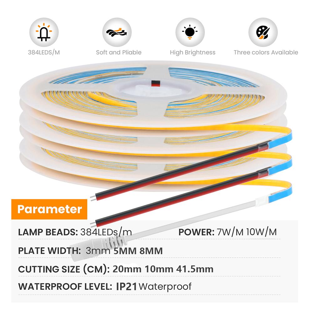 BMW 12V 24V 3mm 5mm PCB COB LED Strip Light 384LED/m 2Pin Wire/DC Plug High Density Linear Lighting 3000K 4000K 6000K 8mm Flex Tape