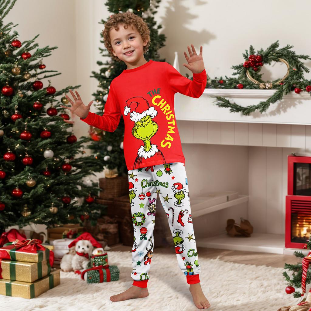 Matching Family Christmas Print Loungewear Set with Long Sleeve Neck Top and Pants for Parents and Kids