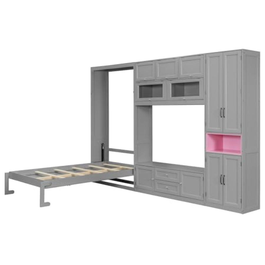 Twin Size Wooden Murphy Bed with TV Stand, Space-Saving Wall Bed Frame with 2 Drawers, Shelves, Cabinets, Foldable Platform for