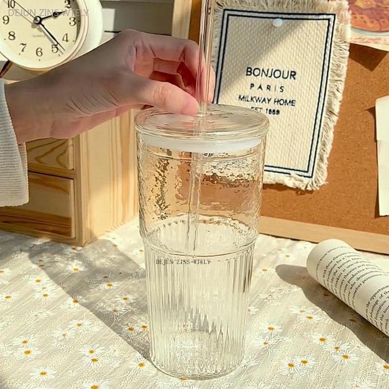 600ml Stripe Glass Cup with Lid and Straw Transparent Drinking Glasses for Juice Water and Iced Coffee Cups Mug Drinkware