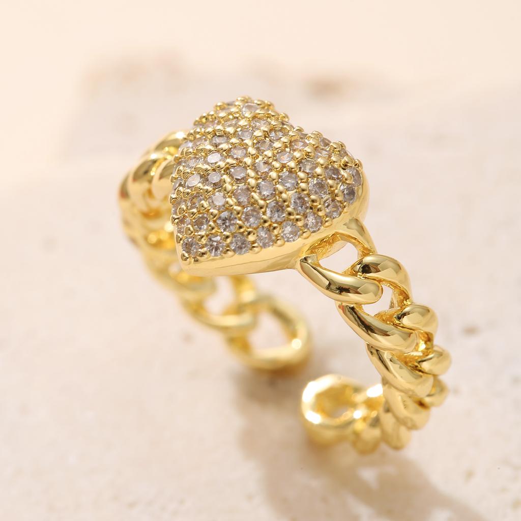 Golden Plated Cuban Link Open Adjustable Ring with Synthetic Zircon Heart for Women Trendy Statement Jewelry Gift