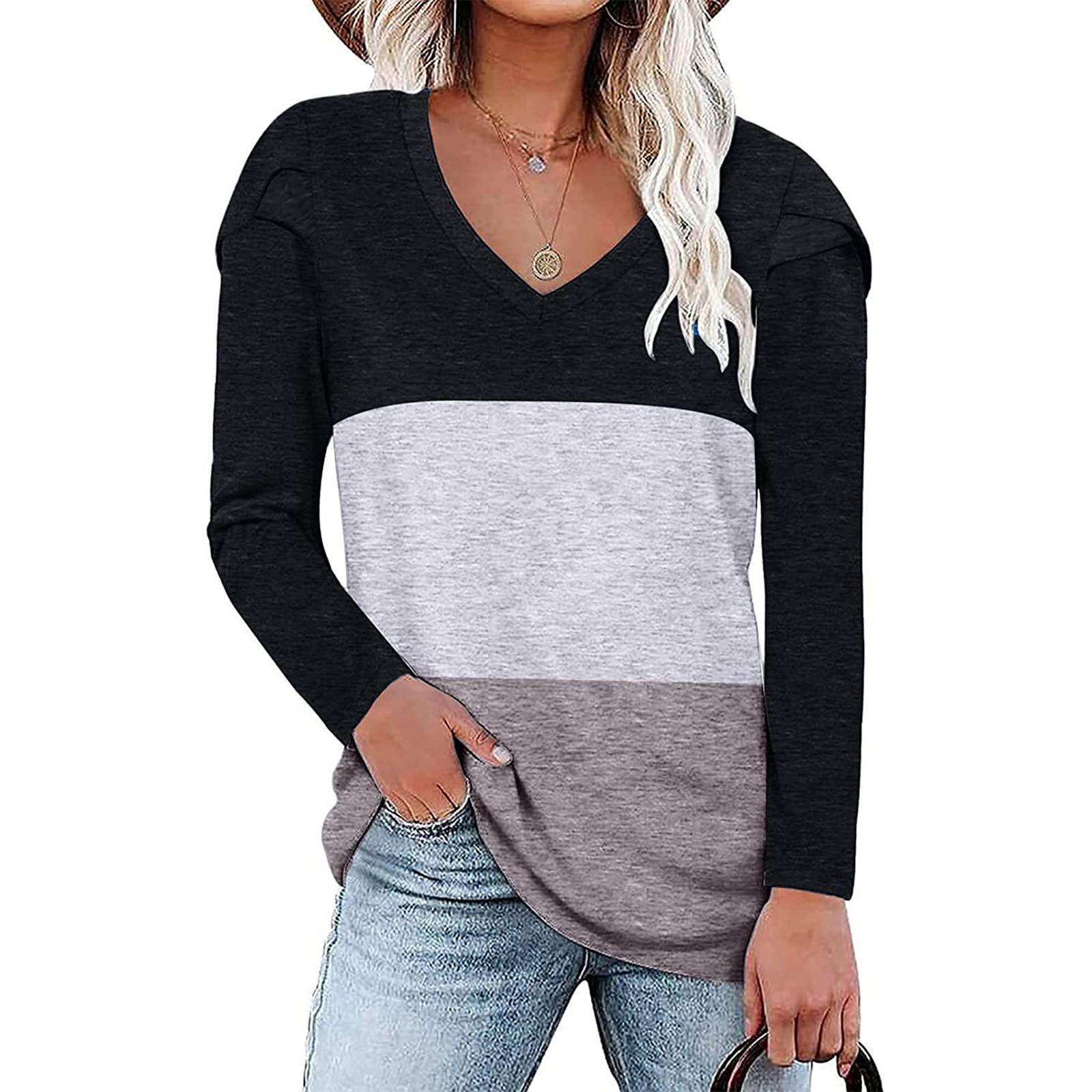 

Folulus Women s Casual V-Neck Bottoming Shirt Splicing Print Long-Sleeved T-Shirt Top