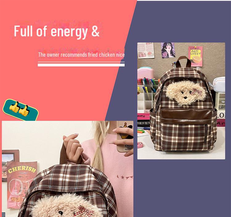 Retro-karierter Welpen-Rucksack im College-Stil für Herbst/Winter – stylische All-Match-Schultasche für Mädchen