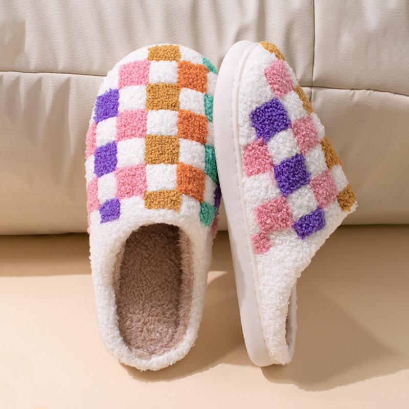 Rainbow checkerboard plaid winter indoor non-slip home cotton slippers plush warm daily casual fluffy slippers