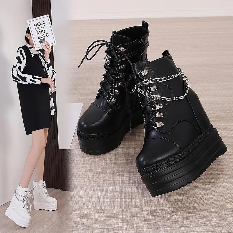Fashion 14cm PU Microfiber Platform Wedge Women Ankle Boots Winter Plush Autumn Spring Women Shoes Hidden Super Heels British ZIP