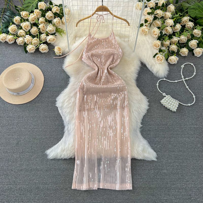 

Accessible Luxury Socialite Open Back Glitter Dress Halterneck Pink L