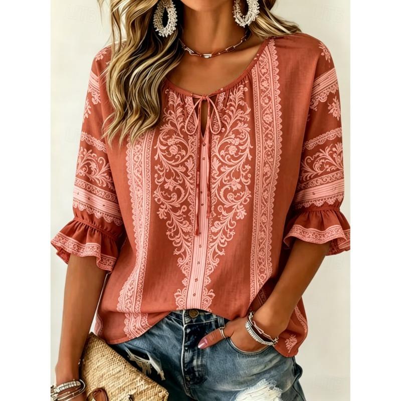 Women's Beige Ethnic Floral Print Tie Front Blouse, Casual Loose Top for Spring Summer Daily Wear