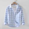 913 S/S Fresh Plaid Long Sleeve Shirt - Men's Casual Loose Fit Square Collar
