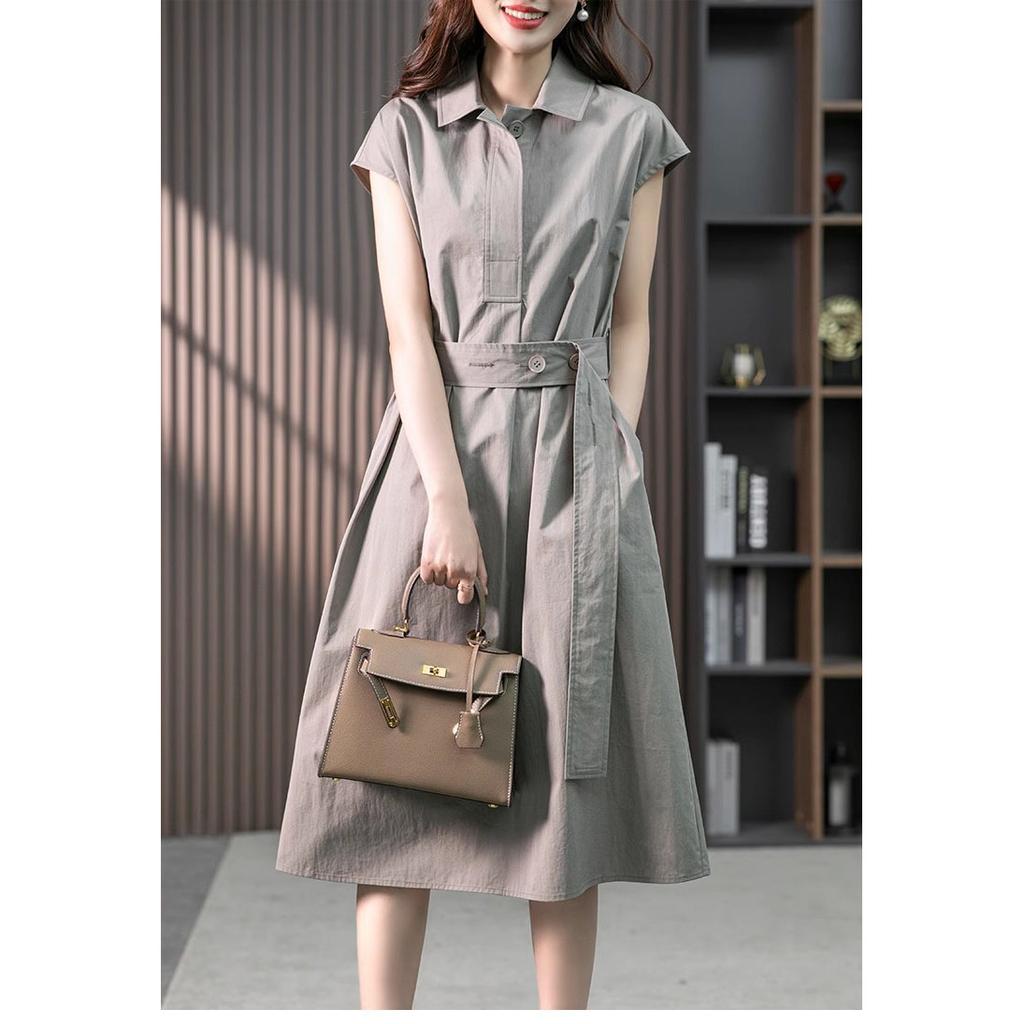Summer Harajuku Elegant Fashion Solid Waist Lace Up Midi Dress Ladies Short Simple Temperament Robe Dresses