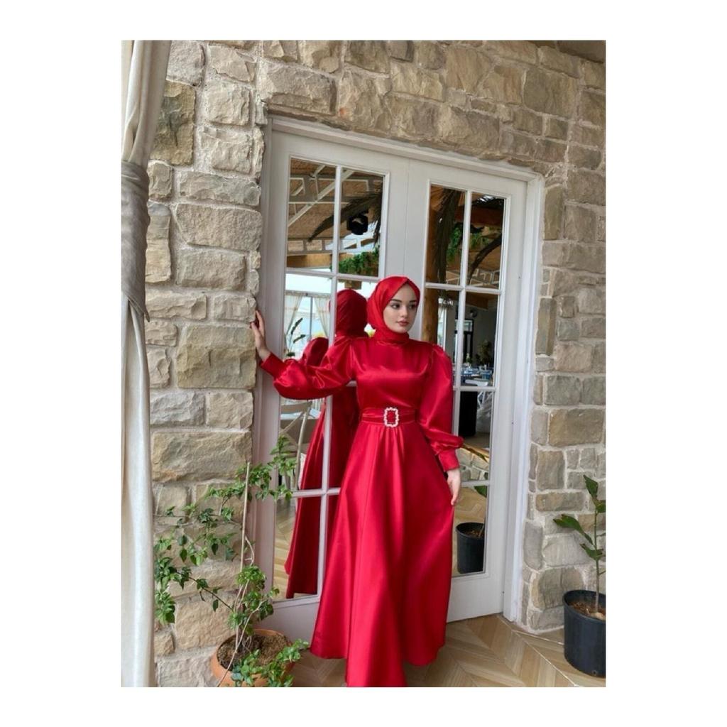 Women's Black Satin Belted Bellae Dress