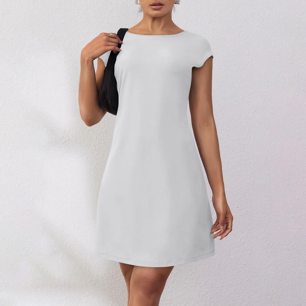 Women's Summer Casual Backless Cap Sleeve T Shirt Dress Round Neck Party Dresses