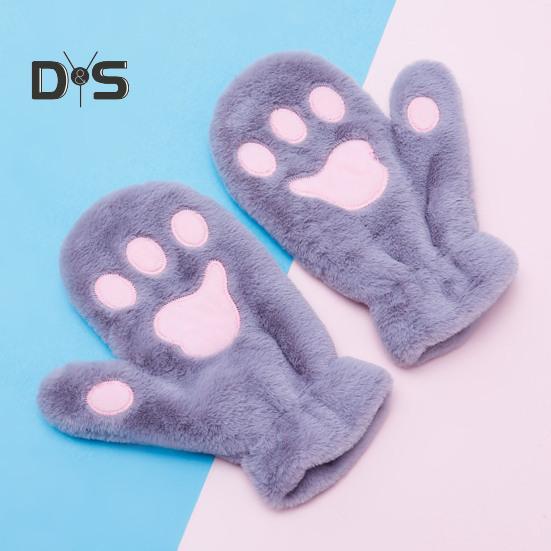1 Pair Women Winter Mittens Cartoon Cat Paw Shape Thick Plush Anti-slip Heat Retention Outdoor Skiing Cycling Gloves