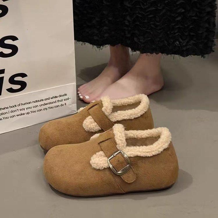 All-inclusive velvet Birkenstocks, new winter platform warm snow boots, non-slip fluffy beanie cotton shoes