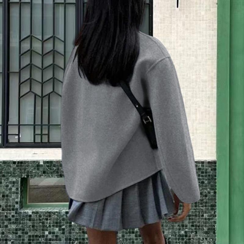 Womens Double Breasted Solid Color Woolen Coat Casual British Style Versatile Outerwear