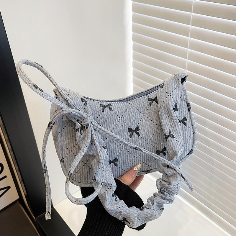 Fashion Corduroy Bowknot Underarm Bag For Daily Use With Zipper Closure