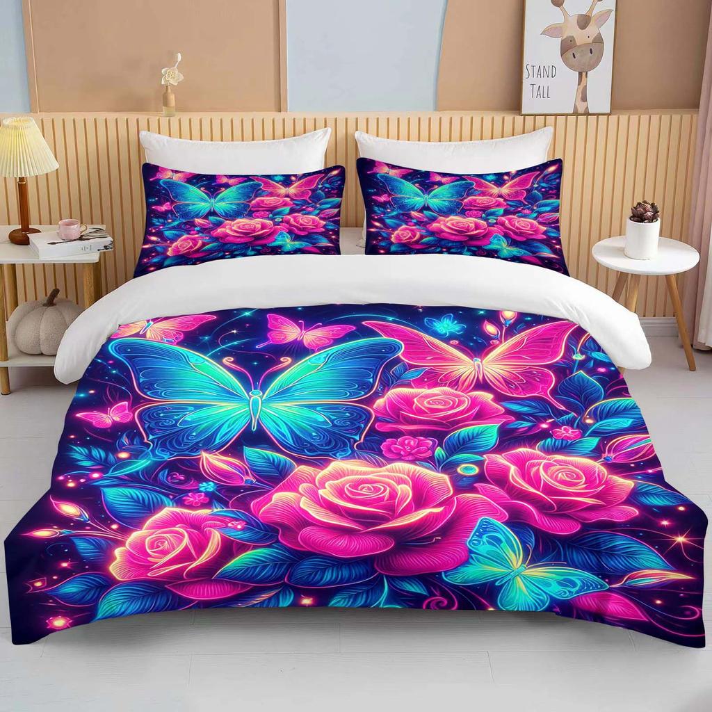 Neon Romantic Butterfly Roses Print Bedding Set Duvet Cover 1 Duvet Cover 2 Pillowcases Adult and Children Bedding Set Luxury