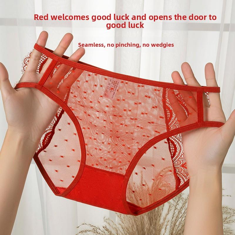 Female Summer New Style This Year Red Sexy Lace Satin Semi Transparent Hollow Mesh Gauze Triangle Briefs