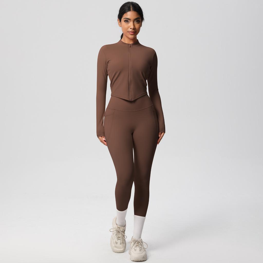 Naked Tight Zipper Jacket Yoga Suit Set, High Waist Pocket Quick Drying Exercise Running Fitness Two-Piece Set For Women