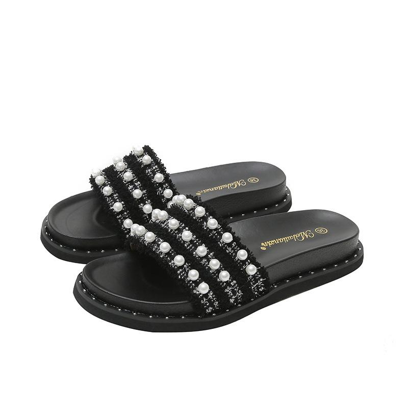 Fashion Big Size 33-44 Women Pearl Beaded Shoes Summer Tweed Slippers Flats Sandals Ladies Rivet Slippers Open Toe Slides Home Pantuflas