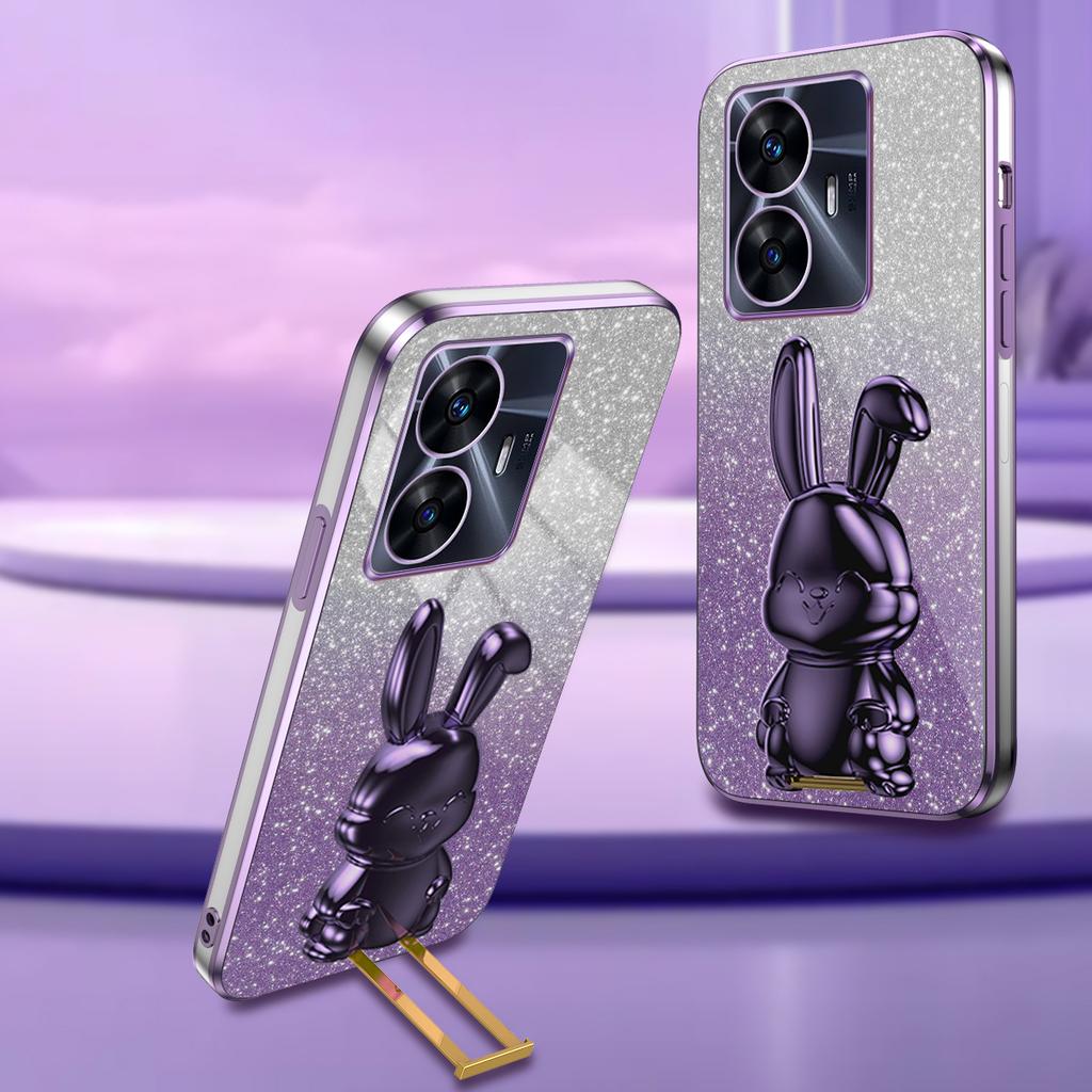 Phone Cover for Realme C55 Cartoon Rabbit Electroplating PC+TPU Case with Kickstand