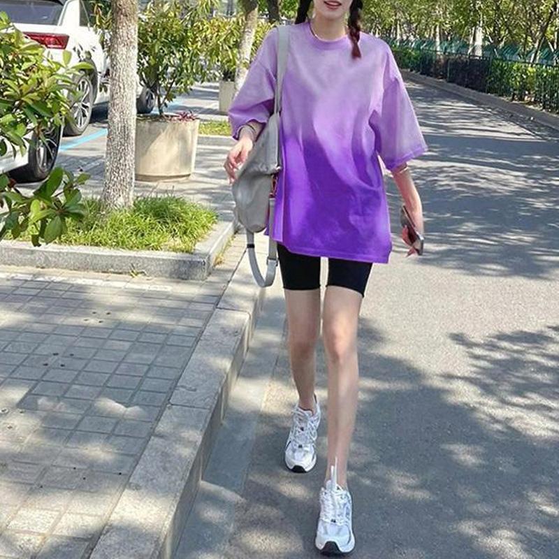 Sommer Modetrend Einfaches und Vielseitiges Rundhals Batik Farbverlauf Mollig Mm Locker Lässig Mittellang Übergröße T-Shirt