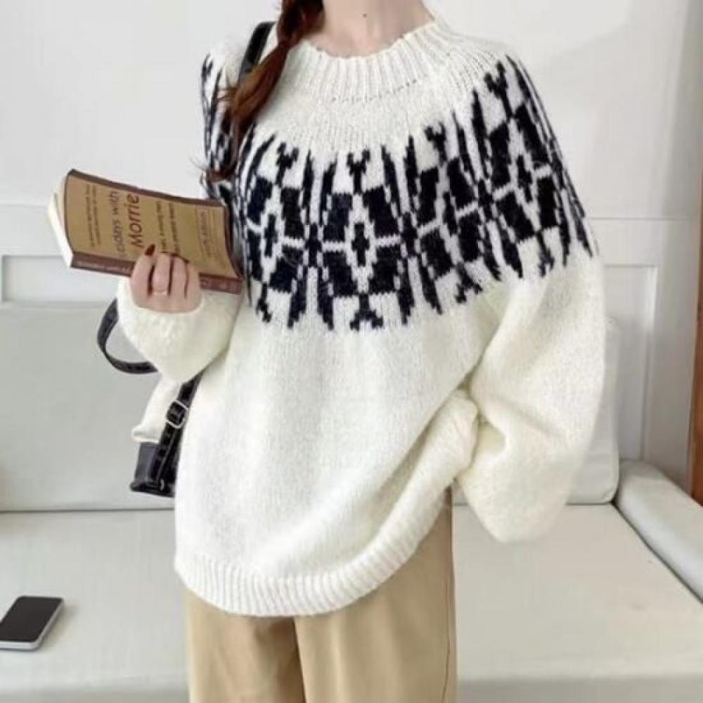 Navava Loose Fit Jacquard Pattern Color Block Round Neck Long Sleeve Knit Sweate
