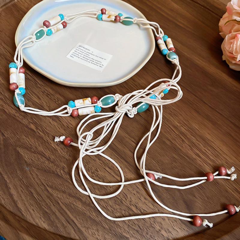 Korean Silk Scarf with Wooden Beads: Trendy, Versatile Waist Chain & Belt for Women