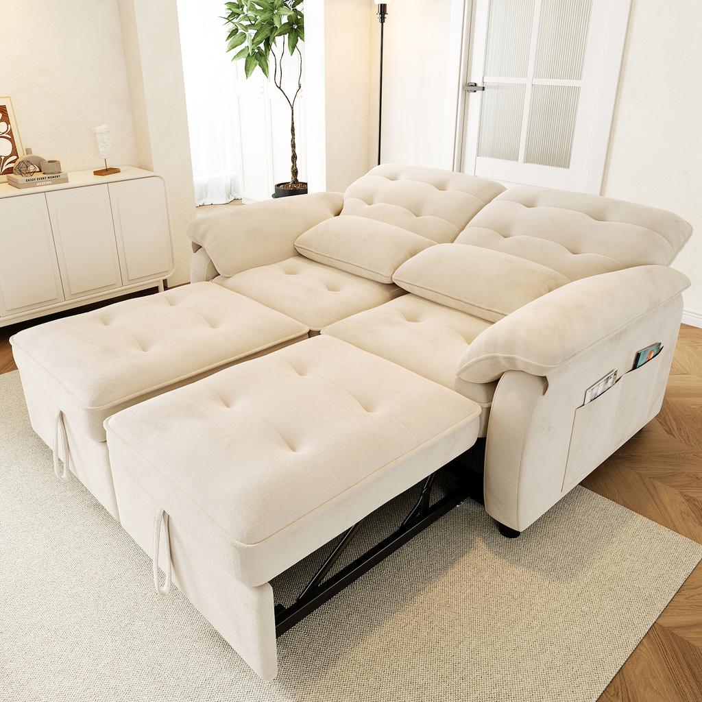 3-in-1 Double Sofa Bed with Adjustable Backrest and Bed Function, Convertible Sofa with USB Charging Port, Chenille Fabric, Beige, Incl. 2 Cushions