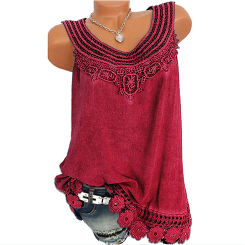 Women's Loose Sleeveless Vest T-shirt Blouse With Elegant Boho Lace Design In Plus Sizes