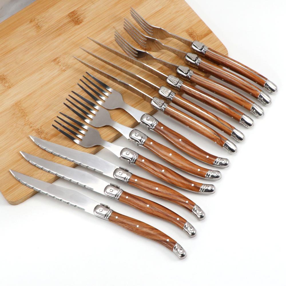 Jaswehome 6Piece Wood Grain Handle Steak Knife Fork Collection Western Food Knife and Fork Set Stainless Steel Cutlery Utensils