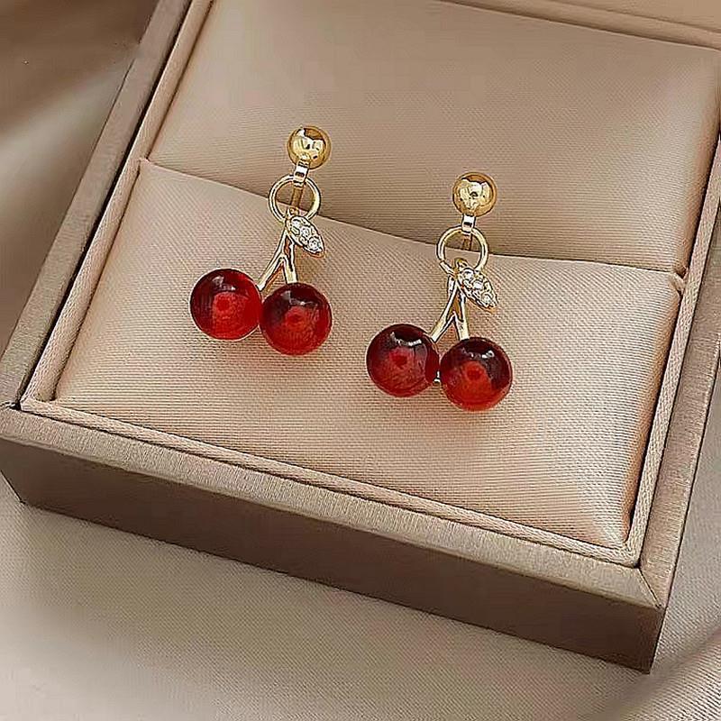 New Red Zircon Cherry Leaf Stud Earrings Women Piercing Jewelry For Fashion Crystal Dangle Party Prom Birthday Wedding Gifts