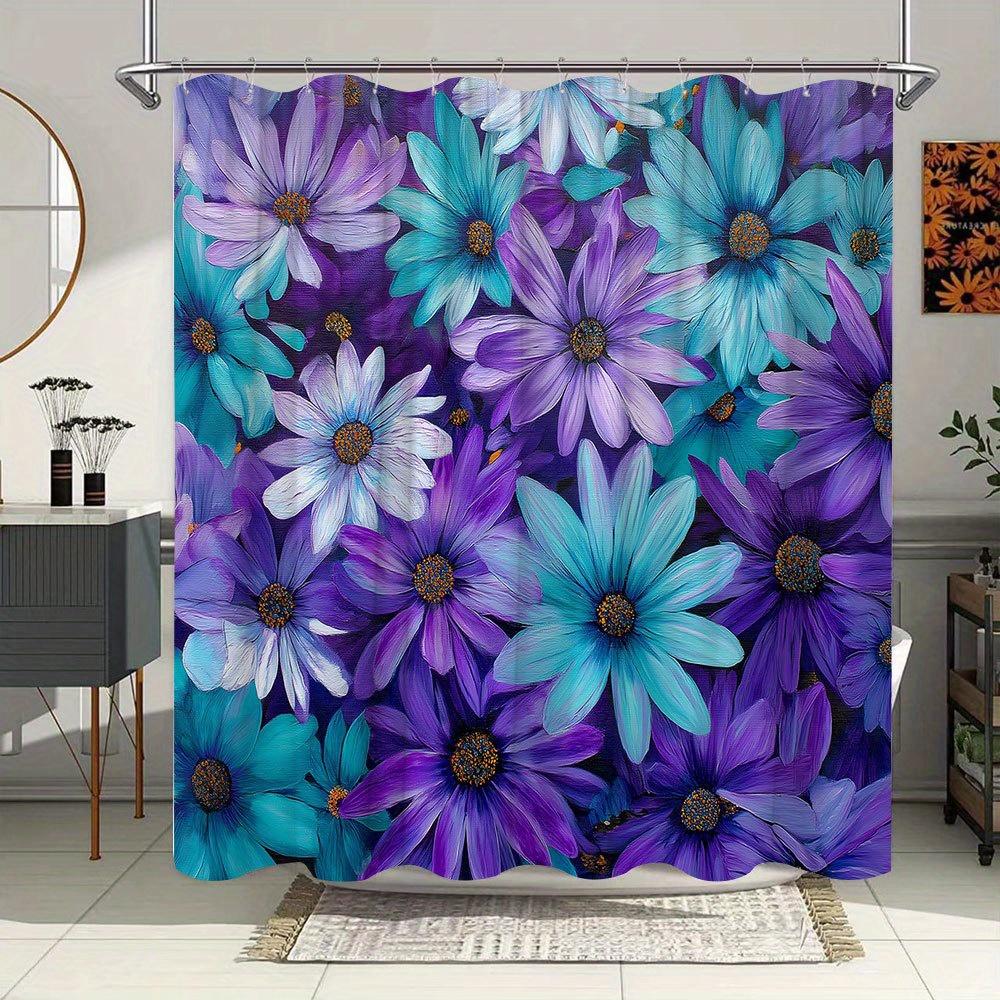 1pc Floral Shower Curtain - Vibrant Purple & Blue Daisy Watercolor Design, 70x70 Inches, Machine Washable Polyester with 12 Hook