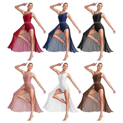 Sheer Mesh Lyrical Dance Dress Women Sleeveless with High Slit Asymmetrical Shoulder Glittery Rhinestones