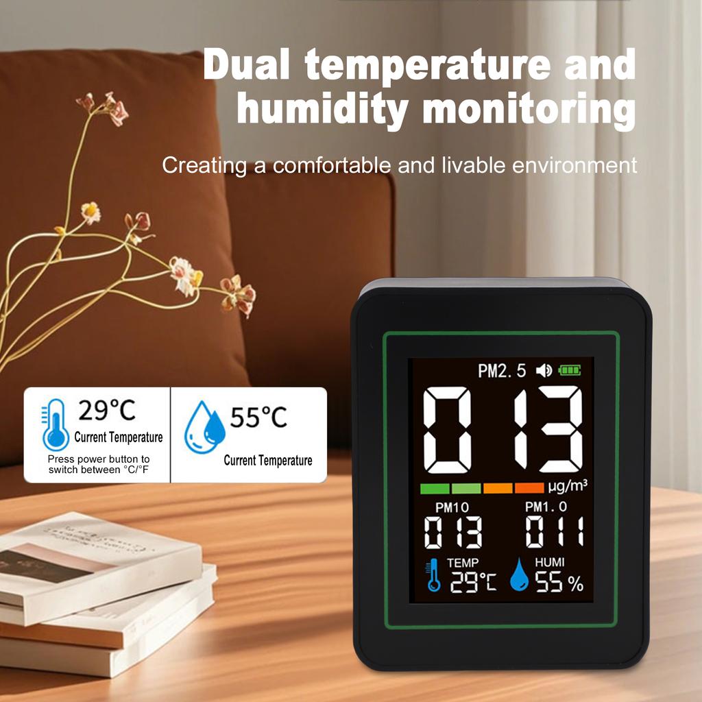 5 in 1 Air Quality Monitor, PM2.5 PM10 PM1.0 Detector with LCD Color Screen, Portable Temperature Humidity Meter for