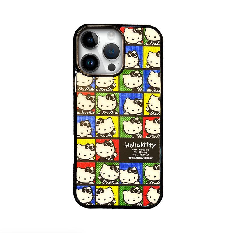 

KT Cat Cartoon Plaid iPhone 14/11/ProMax Hard Black Edge Phone Case iPhone 16