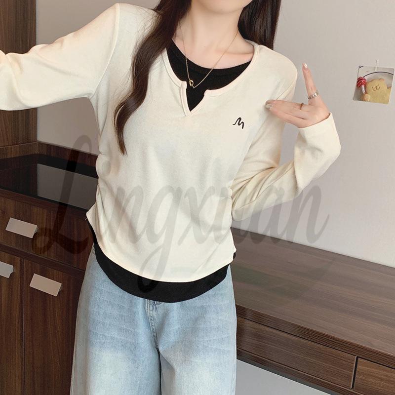 

2026 Spring Plus Size Women s Korean Color Block Embroidered Two-Piece Long Sleeve Top XL