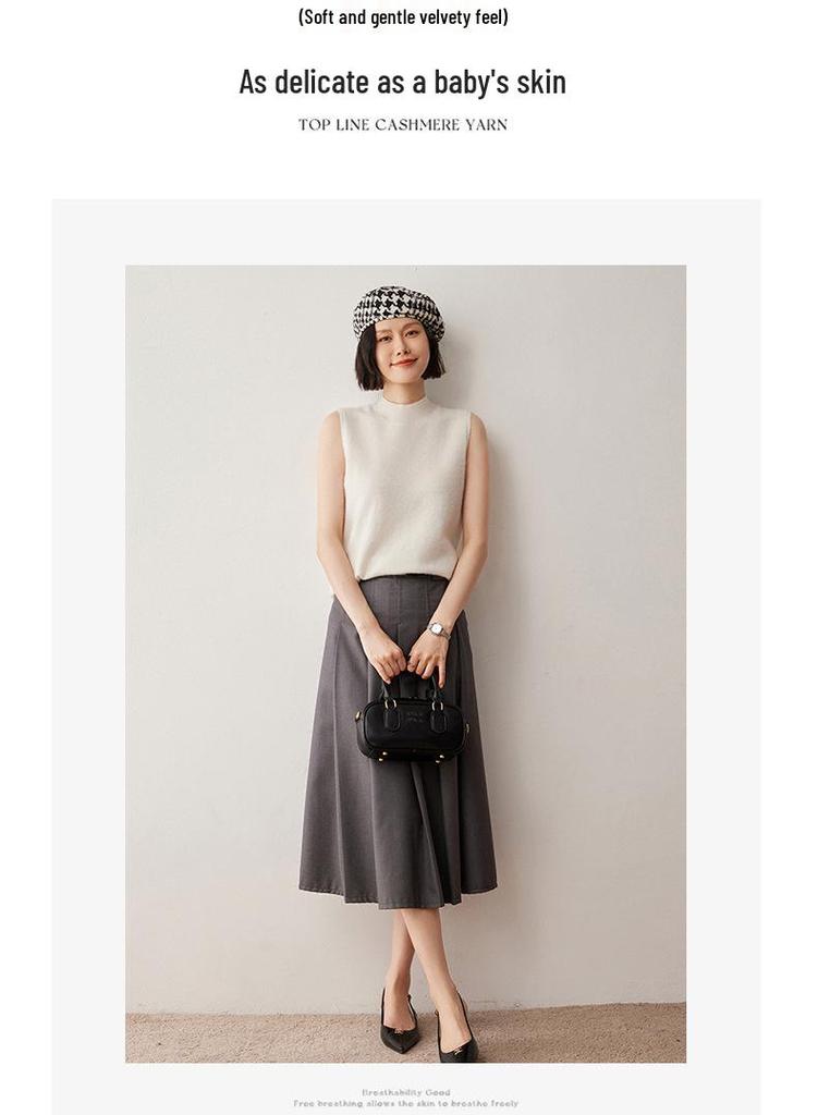 Women's Sleeveless Cashmere Wool Vest - Autumn/Winter High Neck Knit Sweater Base Layer