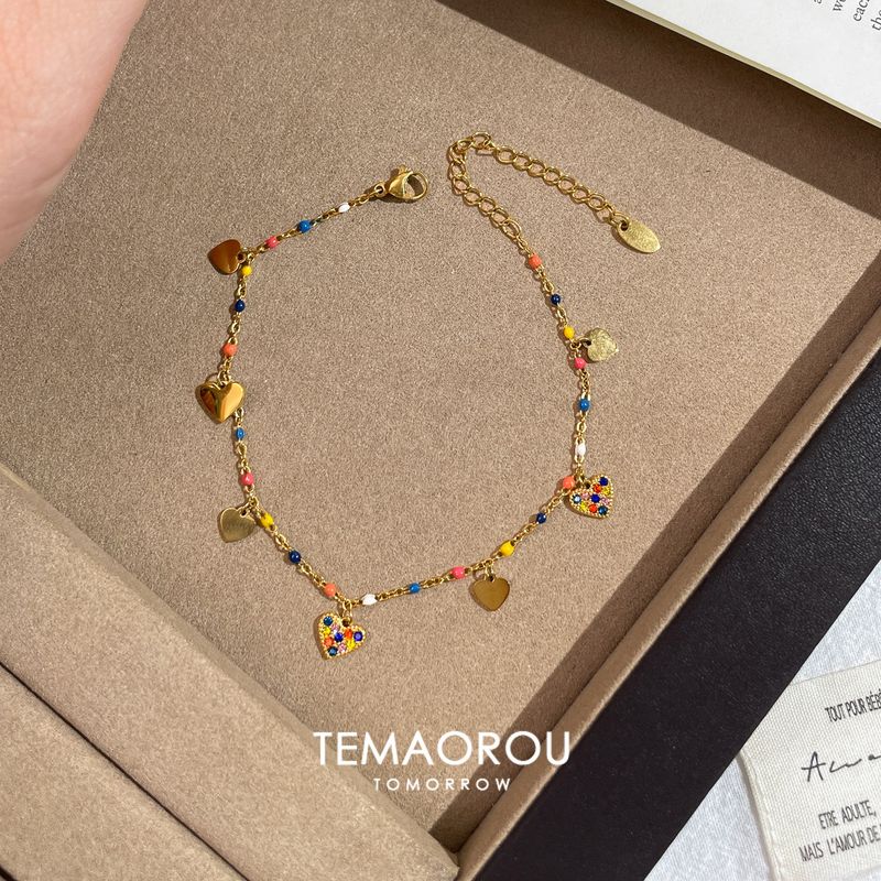 

Fashion Ins Style Titanium Steel No Fading Black Natural Stone Peach Heart Shiny Diamond Pendant Anklet for Women Ankle Jewelry New Arrival Colorful Sparkling Diamond Love Style/About 20+5cm