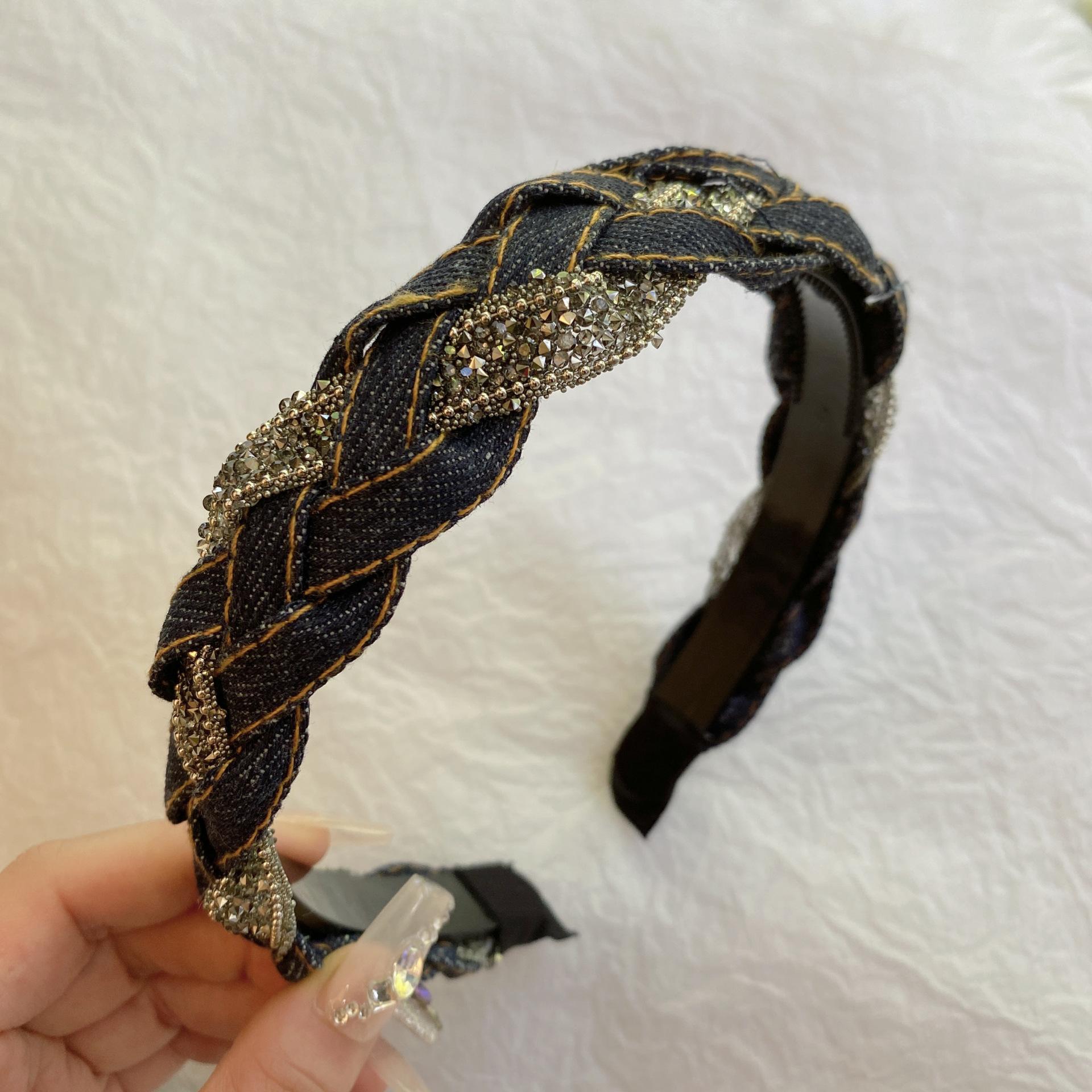 

Vintage Denim Braid Hairbands for Women Rhinestone Twist Headband Korean Girls Hair Hoop Lady Sparkle Hair Accessories Size fits all
