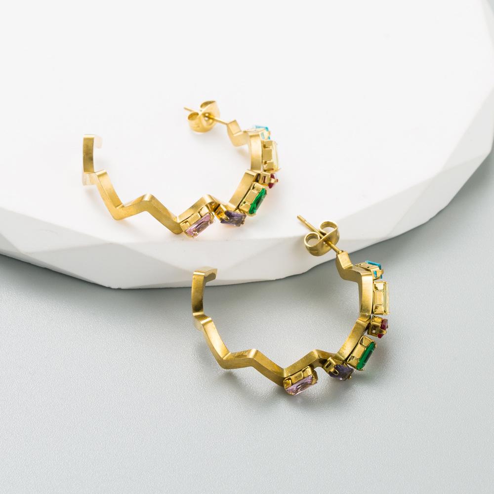 Women Simple C-shaped Eardrops Drop Earrings Titanium Steel Geometric Type Crystal Colorfull