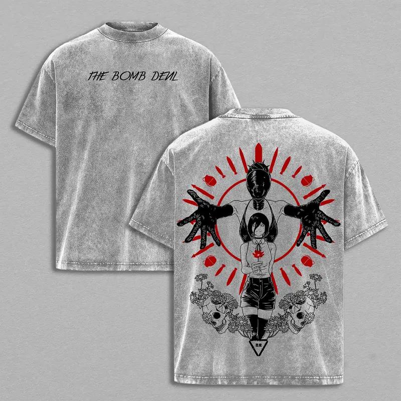 Hot Anime Chainsaw Man Reze Print T-shirt Men Women Short Sleeve Clothing Cotton Tshirt Retro Washed T Shirt Harajuku Manga Tops