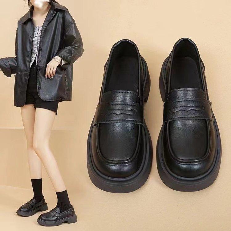 Nieuwe dikke zolen herfst verhogende Britse stijl zwarte kleine leren schoenen leren enkele schoenen