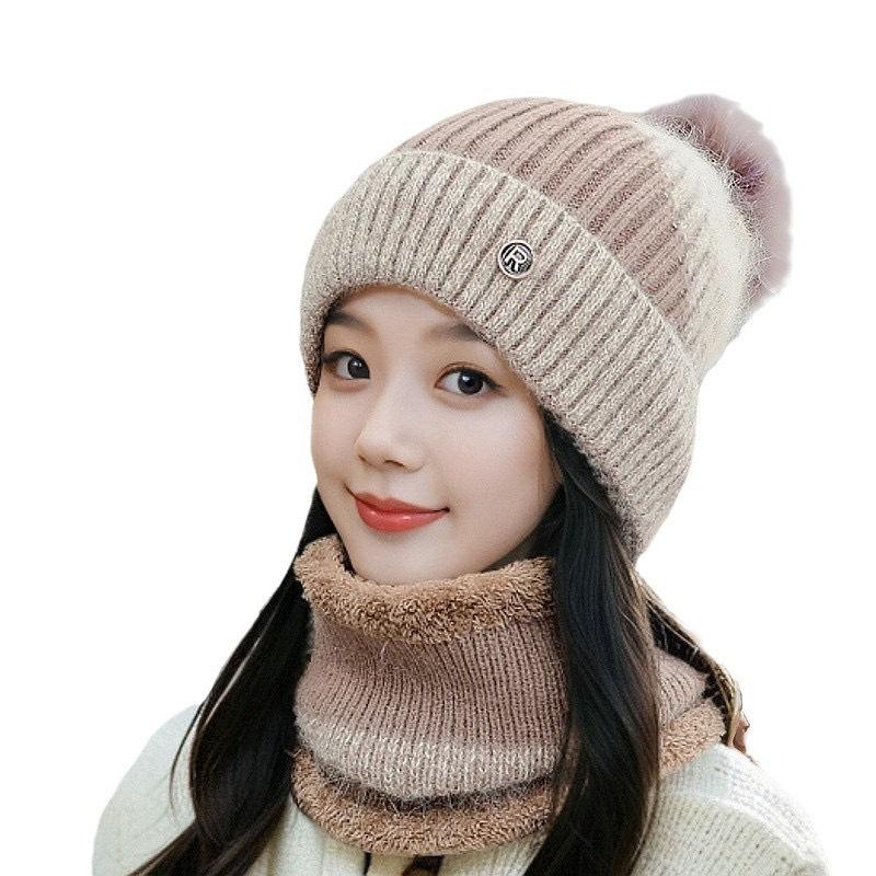 Cozy Fleece-Lined Pom-Pom Hat and Scarf Set for Maternity Cycling