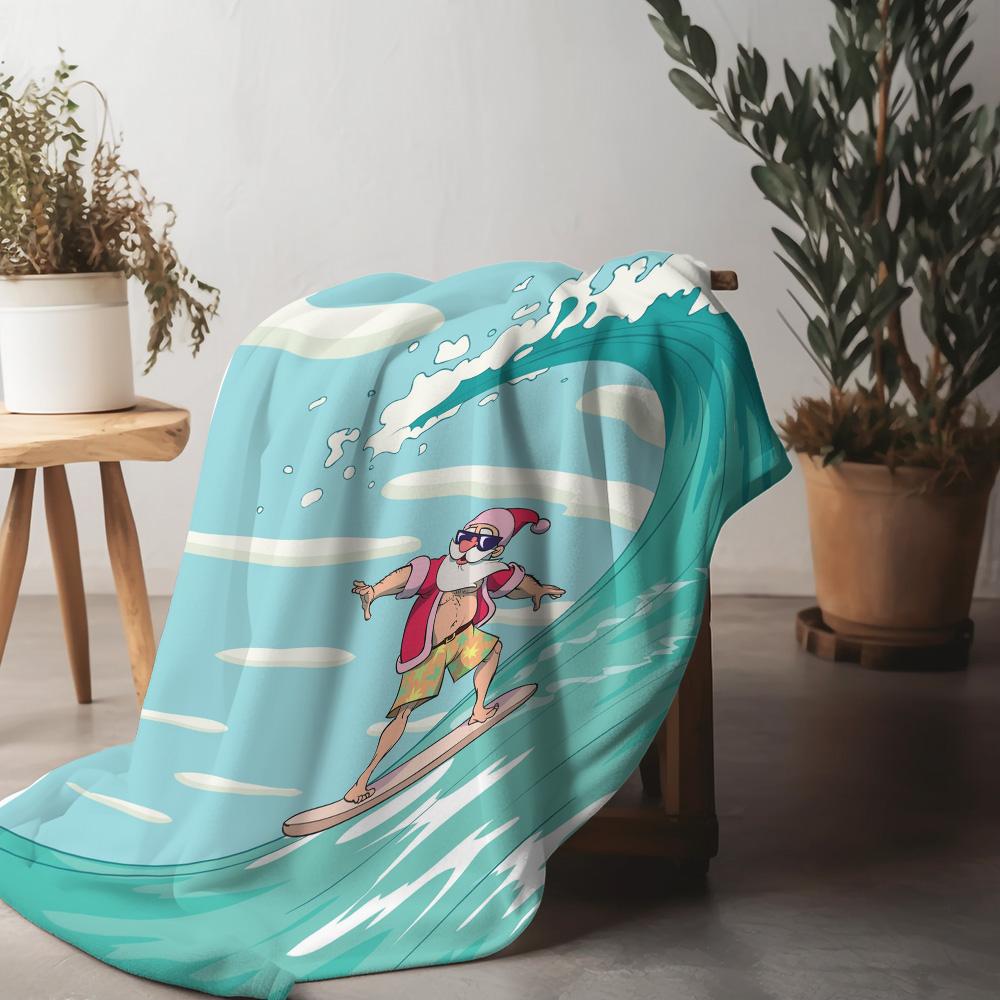

Santa Claus Surfing Beach Blanket Cozy Throw Fleece Picnic Shawl Christmas Gift Home Decor Summer Vibes Coastal Style Holiday Th 75x90cm