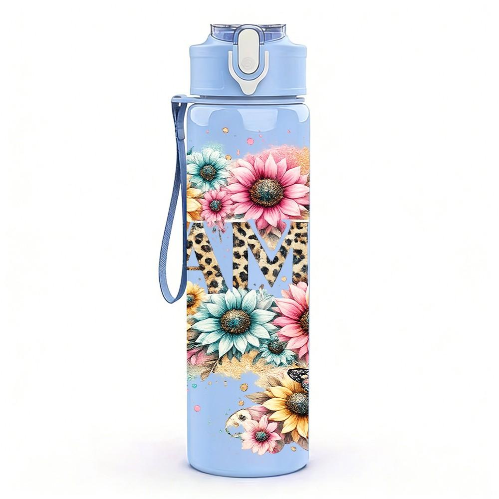 1PC Sunflower Boho Floral Lettering 750ml Color Plastic Sports Water Bottle Leakproof Flip Straw Lid Suitable for Sports Office Home Use