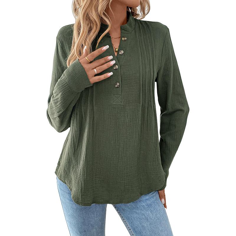 

Женские рубашки хенли на половину пуговиц, плиссированные блузки с V-образным вырезом и длинными рукавами, с изогнутым подолом, свободного кроя, однотонные текстурированные топы XL зелёный