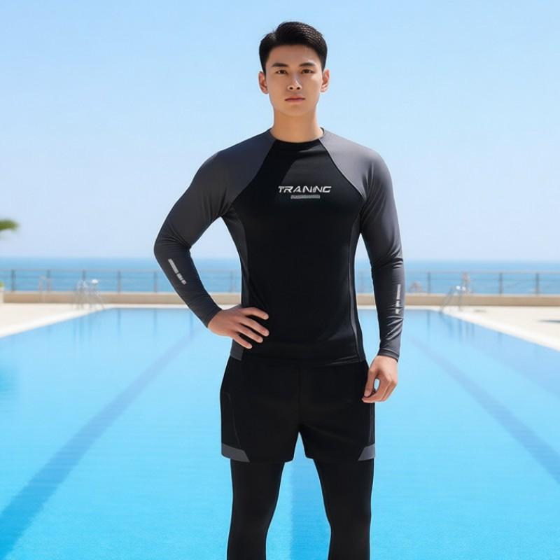 Men's Gray Long-sleeved Swimsuit Suit Set Boys Sunscreen Surfing Adult Anti-embarrassment Swimming Pants