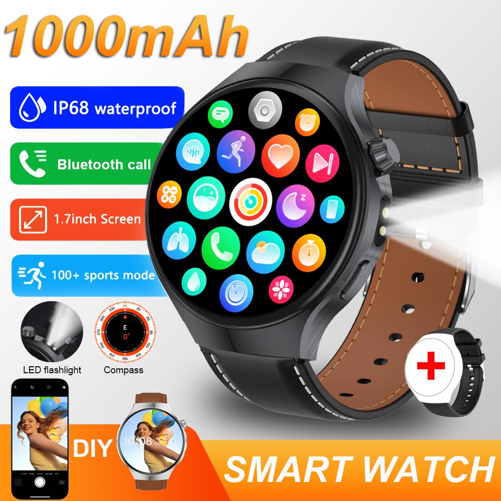 New 1000mAh battery Smart Watch 1.70" HD  Screen Flashlight GPS track Heart Rate BT Call Compass Smartwatch for Men