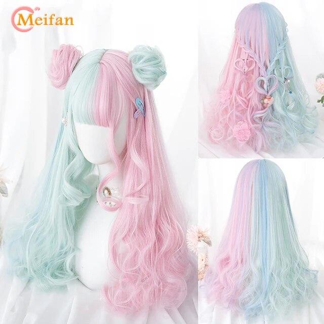 Synthetische lange Ombre bunte Cosplay Lolita Harajuku Perücke mit Pony natürliche wellige Halloween rosa lila blau tägliche Perücken