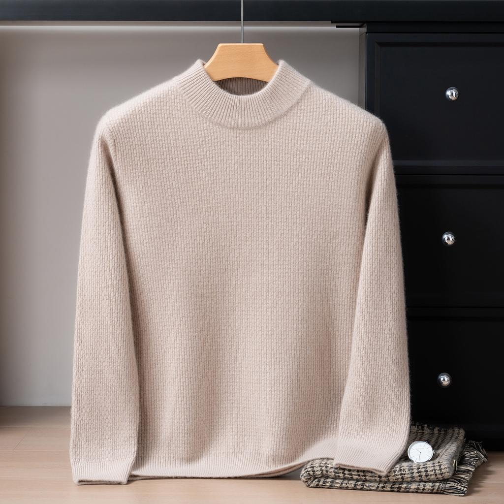 100 pure cashmere shirt men's semi-turtleneck 7-pin front and back needle thickened cashmere knitted sweater